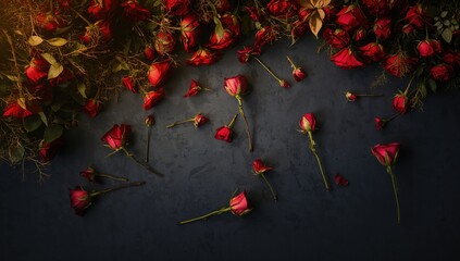 Dried red roses set against a dark backdrop, seasonal elegance, summer wedding decor
