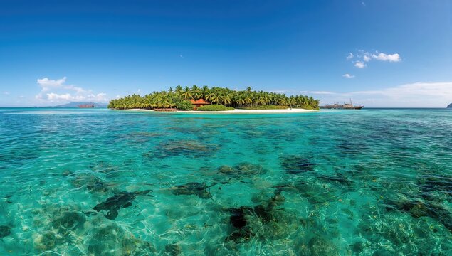 Vibrant Coral Reef surrounding a tropical island, highlighting marine biodiversity