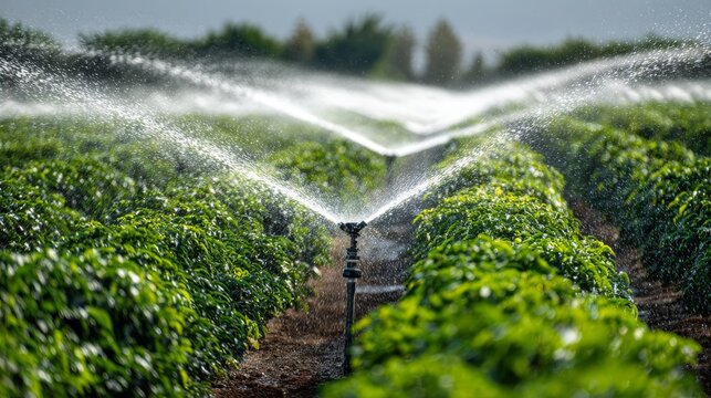 Rows of green crops are being watered by multiple sprinklers. The water arcs into the air, creating a misty spray over the plants