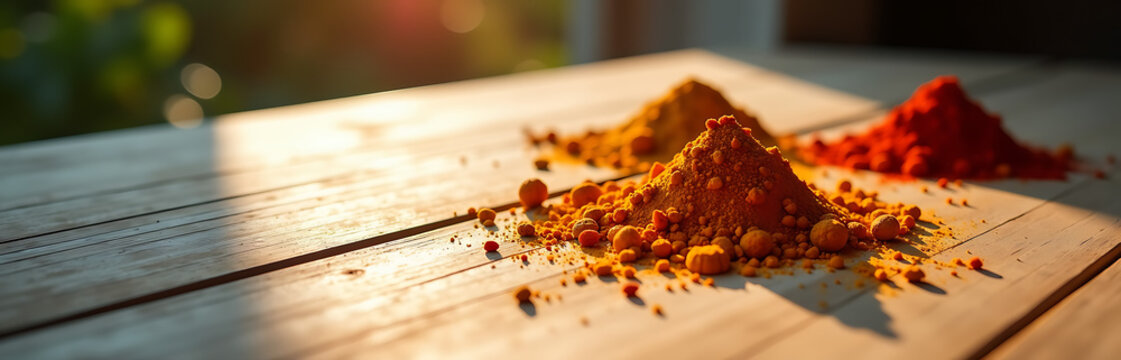 vibrant medley turmeric cumin paprika spills across worn wooden tabletop illuminated soft morning sunlight streaming