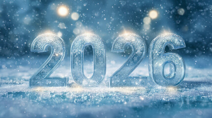 The year 2026 is depicted in large, icy, translucent numbers with a soft, glowing light emanating from behind them, set against a backdrop of falling snow and blurred bokeh lights.