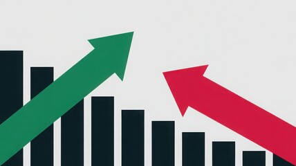 Rising and falling business graphs. The green arrow is pointing up and the red arrow is pointing down. The image symbolizes economic trends, business growth, and market analysis