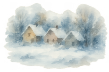 Winter village watercolor illustration. Snow covered houses and trees creating a beautiful serene snowy landscape