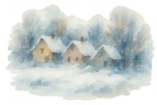 Winter village watercolor illustration. Snow covered houses and trees creating a beautiful serene snowy landscape