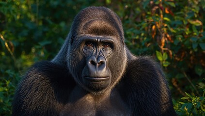 Obraz premium Regal Lowland Gorilla Captured in Gentle Sunlight, Perfect for Nature and Conservation Topics