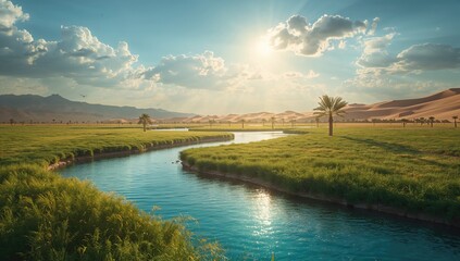 Fototapeta premium The River Retreats, Revealing a Lush Eden in the Arid Landscape