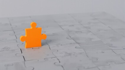 Single orange puzzle piece distinct among many pieces symbolizing business ideas and uniqueness, with ample copy space and no people.