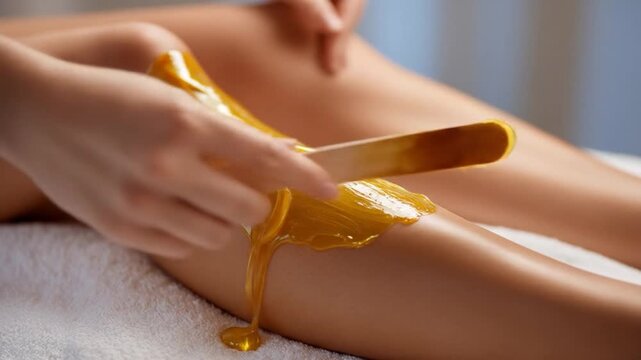 Warm, sticky wax is spread on a smooth leg with a spatula