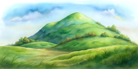 Watercolor painting of a green hill landscape with a blue sky and white clouds in the background on a sunny day