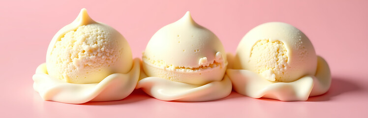 trio creamy ice cream scoops sit atop soft pastel pink backdrop rounded edges wispy textures subtly accentuated warm