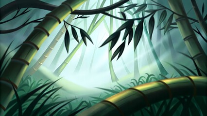 Lush bamboo forest with sunlight filtering through the trees, creating a serene and peaceful atmosphere in nature