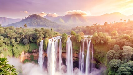 Aerial view of the beautiful kalandula waterfalls at sunset in angola, africa, with mountains and green trees