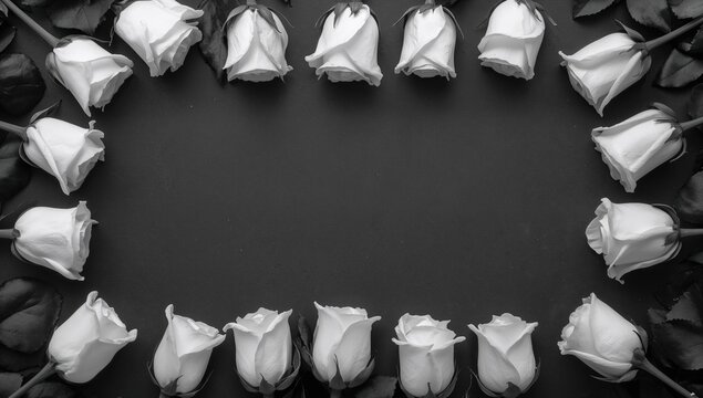 Fresh white roses against a dark backdrop, ideal for sentimental text or quotes, flat lay