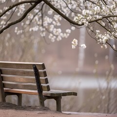 A serene scene of a wooden bench under a blossoming tree, offering a peaceful retreat in a tranquil outdoor setting