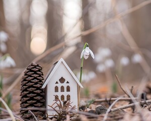 A miniature house and a pine cone stand among the first spring snowdrops in the forest, creating a magical atmosphere