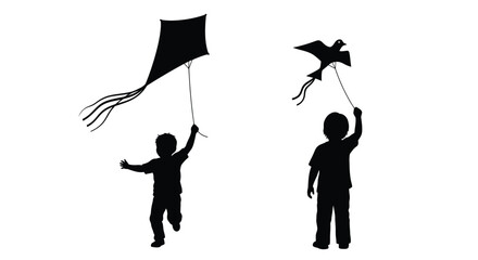 Silhouettes of children flying kites against a bright white background