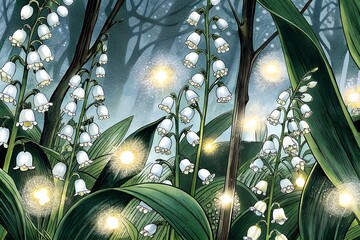 Lily of the valley flowers with magical lights in a forest, creating a whimsical and enchanting atmosphere