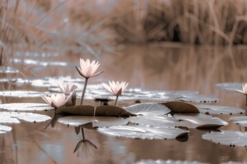 Water lilies bloom gracefully on a tranquil pond, their delicate petals reflecting in the calm water surface