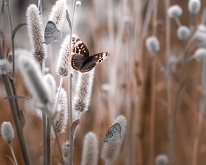 A beautiful butterfly with brown and white wings perched on a fluffy plant in a field of similar plants