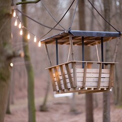A whimsical wooden bird feeder shaped like a hot air balloon hangs from a tree branch, adorned with string lights