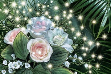 A beautiful bouquet of roses and lilies with sparkling lights creates a magical and enchanting atmosphere in the garden