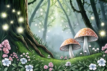 A magical forest scene with glowing lights, mushrooms, and flowers, creating a whimsical and enchanting atmosphere for viewers