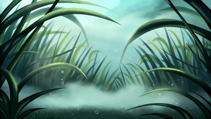A misty marsh landscape with tall green grasses and a mysterious fog rolling across the waters surface in a serene scene