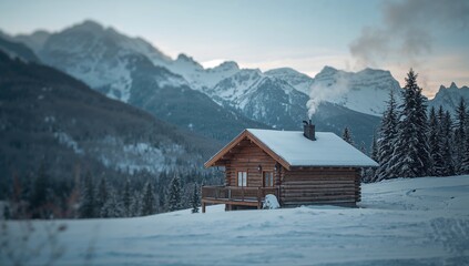 Scenic view of a snowy cabin with chimney smoke, inviting winter retreat ambiance