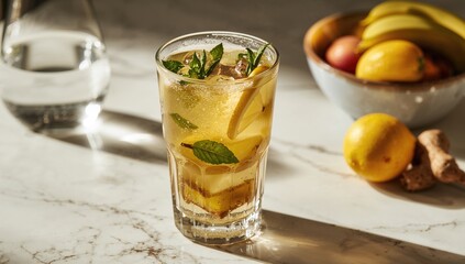 Fototapeta premium Cool and zesty blend of lemon, ginger, and mint served in a glass on a white marble surface