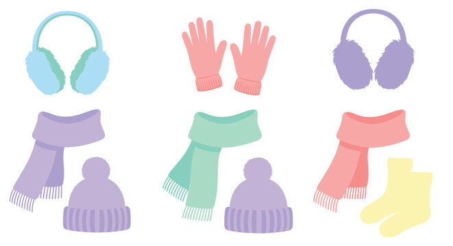 Colorful winter accessories including hats scarves gloves and earmuffs displayed