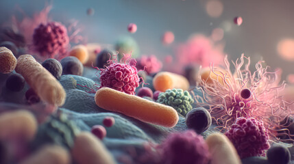 Vibrant microscopic imagery showcases various bacteria and viruses, emphasizing health, disease prevention, and the importance of hygiene practices