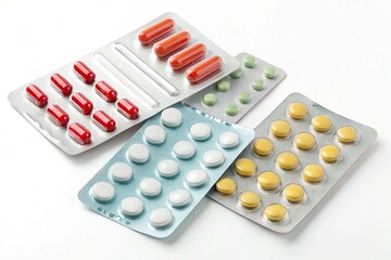 Packings of pills and capsules of medicines on white background