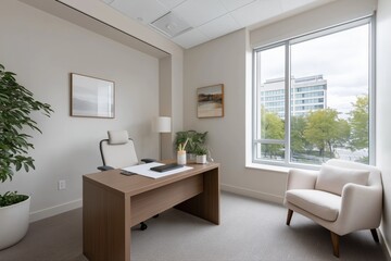 Modern office interior with desk chair and window view