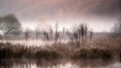 Misty morning at the lake with fog rolling over the water and reeds in the foreground creating a tranquil scene