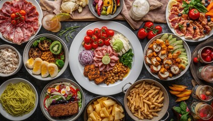 Variety of food items from different categories of the food pyramid viewed from a bird's-eye perspective, balanced nutrition assessment