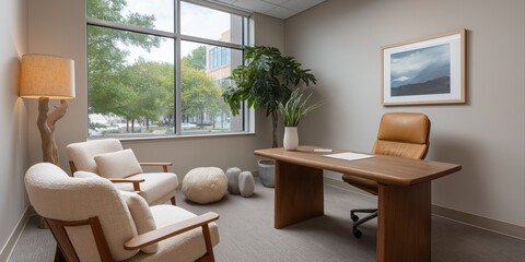 Fototapeta premium Modern office with large window, wooden desk, and cozy seating area