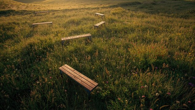 Aerial perspective of seating arrangements in a green field