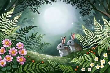 Two adorable rabbits nestled in a magical forest under the moonlight, surrounded by ferns and vibrant pink flowers