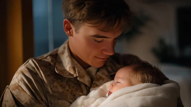 Soldier returning home from service meeting baby daughter for first time, emotion of pride and tears visible, symbolizing reunion, emotional healing, and family restoration after long separation.