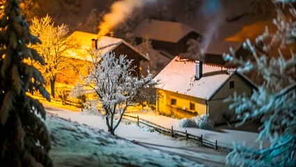 A picturesque winter night scene with snowcovered houses and trees illuminated by warm lights in a serene village setting