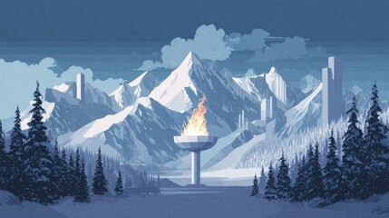 Winter Olympic Torch Cauldron in Snowy Mountain Landscape at Dusk