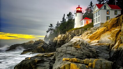 The pemaquid point light stands tall on a rocky cliff, illuminated by the warm glow of the rising sun in maine, usa