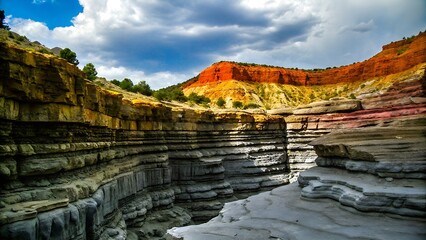 Dramatic layered rock formations create a stunning canyon landscape under a partly cloudy sky in utah, usa