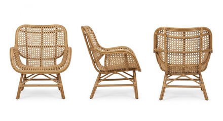 Bohemian style natural rattan armchair set with three views isolated on a white background
