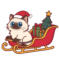 Cute Ragdoll Cat on Sleigh with Christmas Tree and Gifts