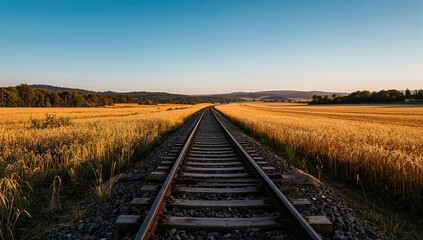 Fototapeta premium Rail lines intersecting through a vast golden grain field