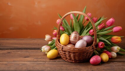 Easter-themed wicker basket filled with colorful eggs and vibrant tulips on wooden surface, suitable for festive layouts
