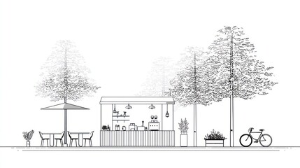 Black and white architectural rendering of cafe with trees and bicycle