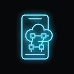 Bright glowing blue neon mobile phone displaying cloud computing network on a black background