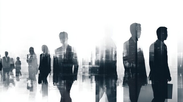 Abstract double exposure of business people walking with cityscape background